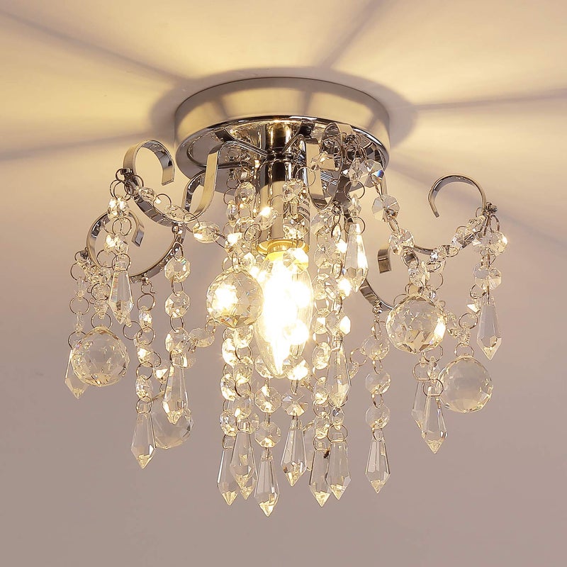 QS Q&S Small Crystal Chandelier,Flush Mount-Modern Mini Ceiling Light Fixture for Hallway/Entryway/Bedroom/Bathroom/Closet,Chrome Metal with K9 Crystal - Image 1